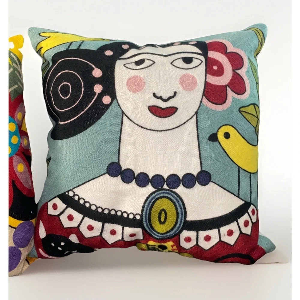Set of 2 Frida Kahlo Embroidered Throw Pillow Down Feather 18 By 18 Pillows